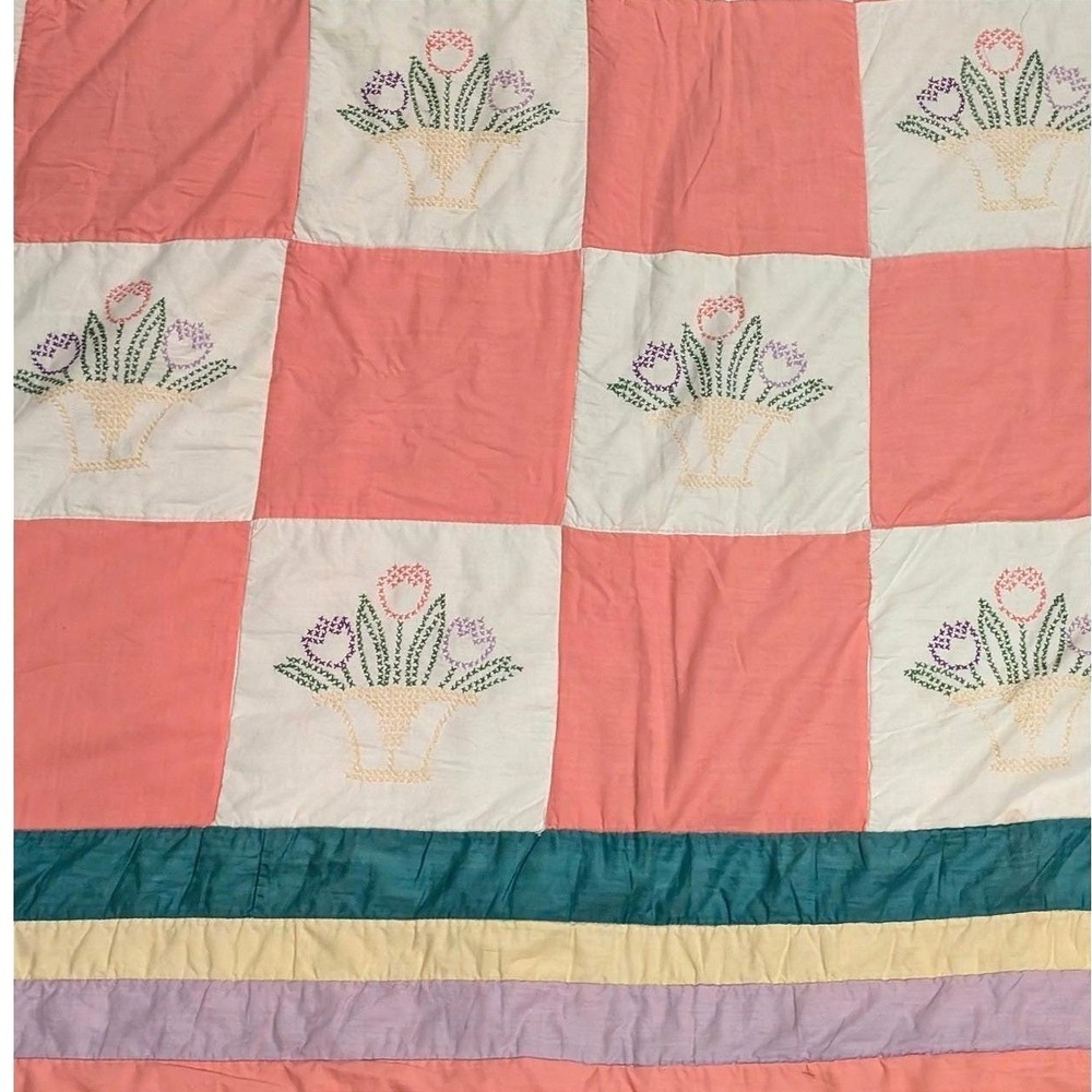 Vintage Handmade Cross Stitch‎ Tulip Basket Patchwork Quilt Pink Pastel 92x76 in